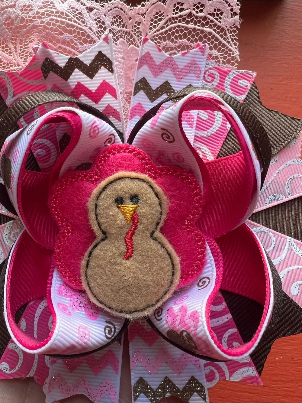 Handmade Pink & Brown Turkey Bow Hair Clip for Girls